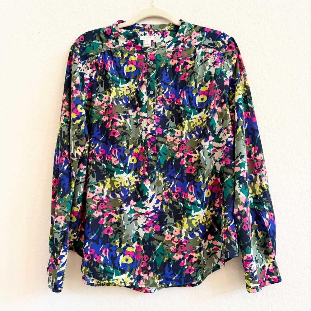 J.Crew Womens Abstract Floral Henley Blouse Blue Pink Green F3812 Size M